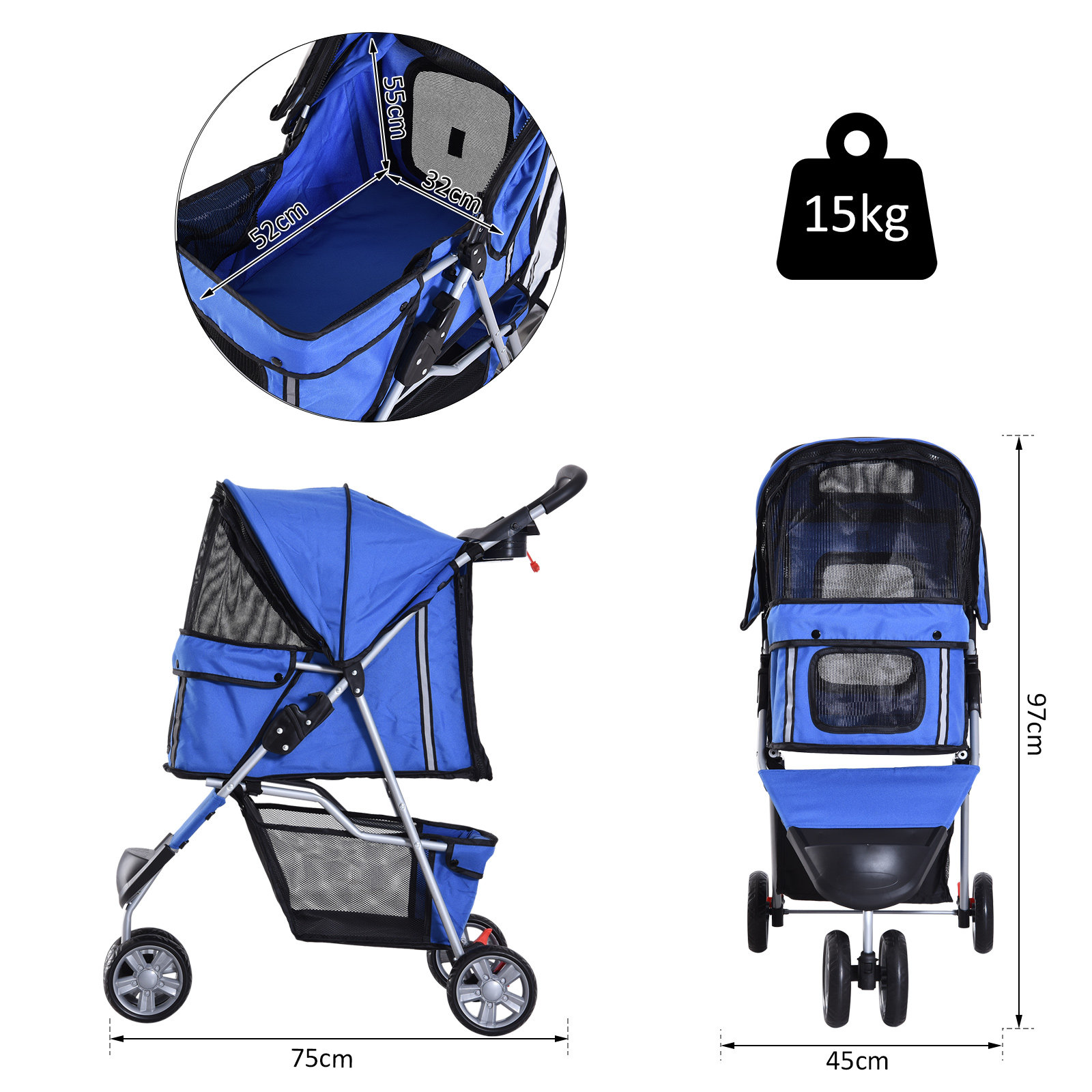 Pet Travel Stroller Cat Dog Pushchair Puppy Jogger Carrier Three Wheels